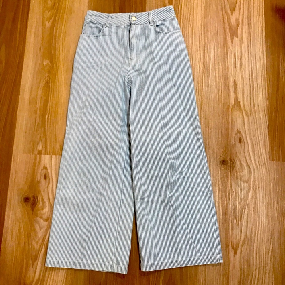 Zara blue and white pinstriped wide-leg jeans